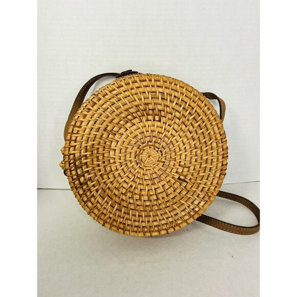 Rattan Straw Woven Round Crossbody Shoulder Bag Boho Hippie Concert - Picture 3 of 7